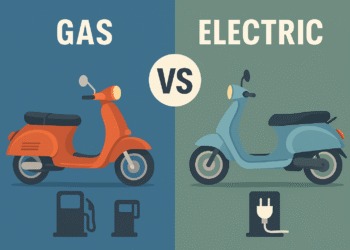 Side-by-side comparison image of gas vs electric scooters showing visual differences in design, fuel type, and functionality.
