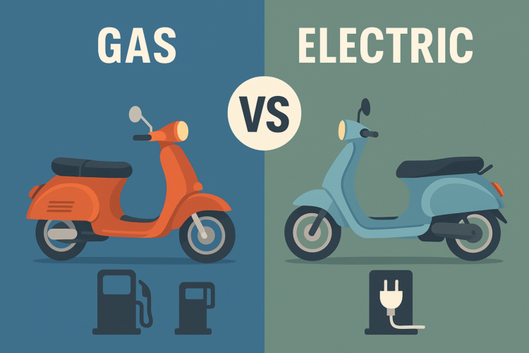 Side-by-side comparison image of gas vs electric scooters showing visual differences in design, fuel type, and functionality.