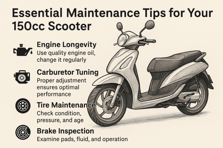 Illustration showing key maintenance tips for your 150cc scooter including engine care, tire checks, brake inspection, and carburetor tuning.