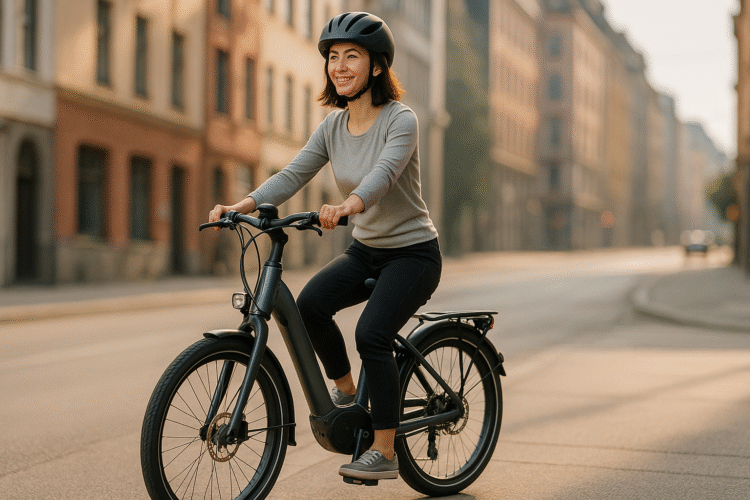 Electric bike for short riders with step-through frame on city street, low seat height e-bike for petite person commuting comfortably.