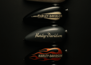 Harley‑Davidson tank decals through history on vintage and modern motorcycles