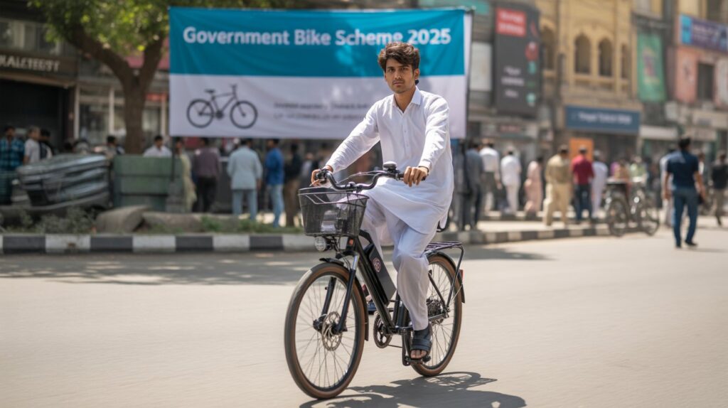 A Pakistani student riding an electric bike on a busy Lahore street under the Government Bike Scheme 2025.