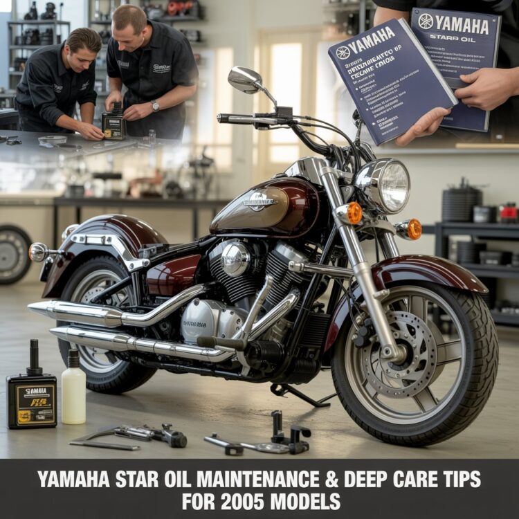 Mechanic performing Yamaha Star oil maintenance on a 2005 cruiser motorcycle engine