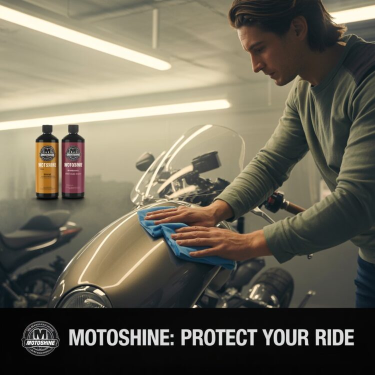 Man applying cleaning product on motorcycle engine