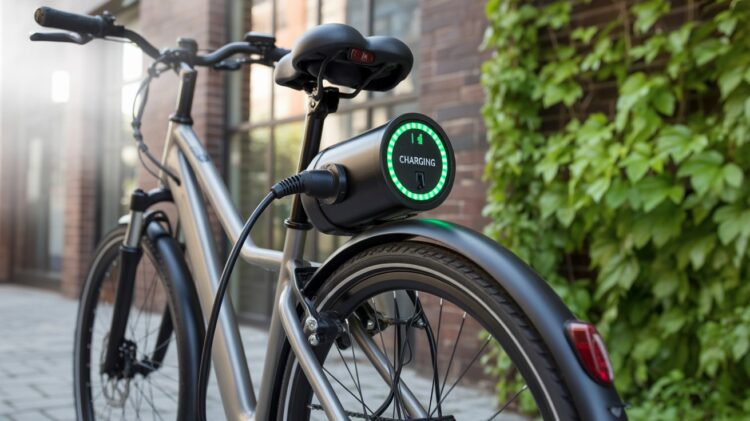 Charging port of an electric bike connected to a charger