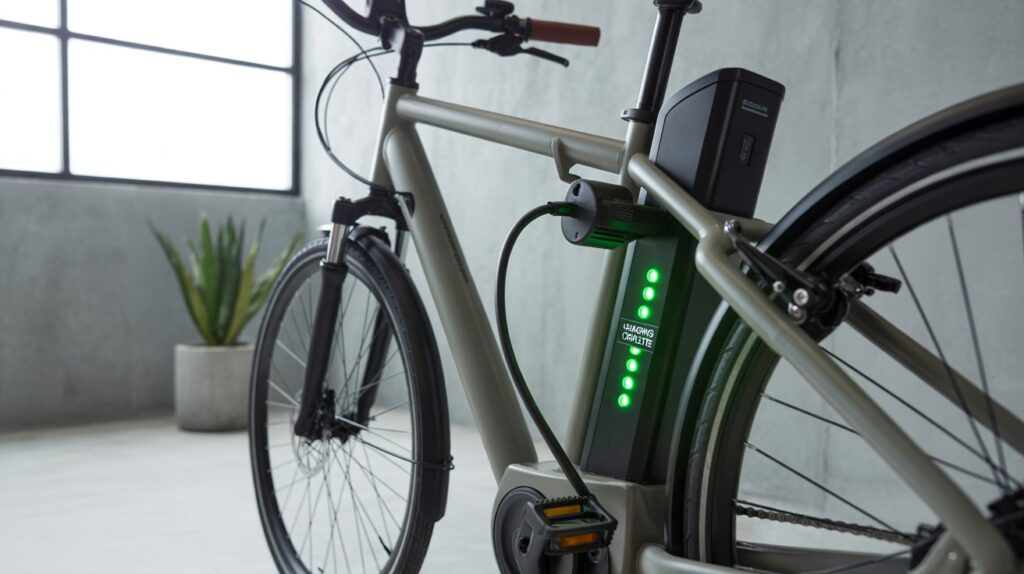 E-bike battery charging externally on a workbench
