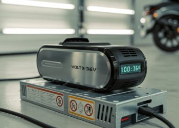 Rider takes a break during a mountainbike trail ride beside their parked electric scooter, preparing for a smart battery recharge.