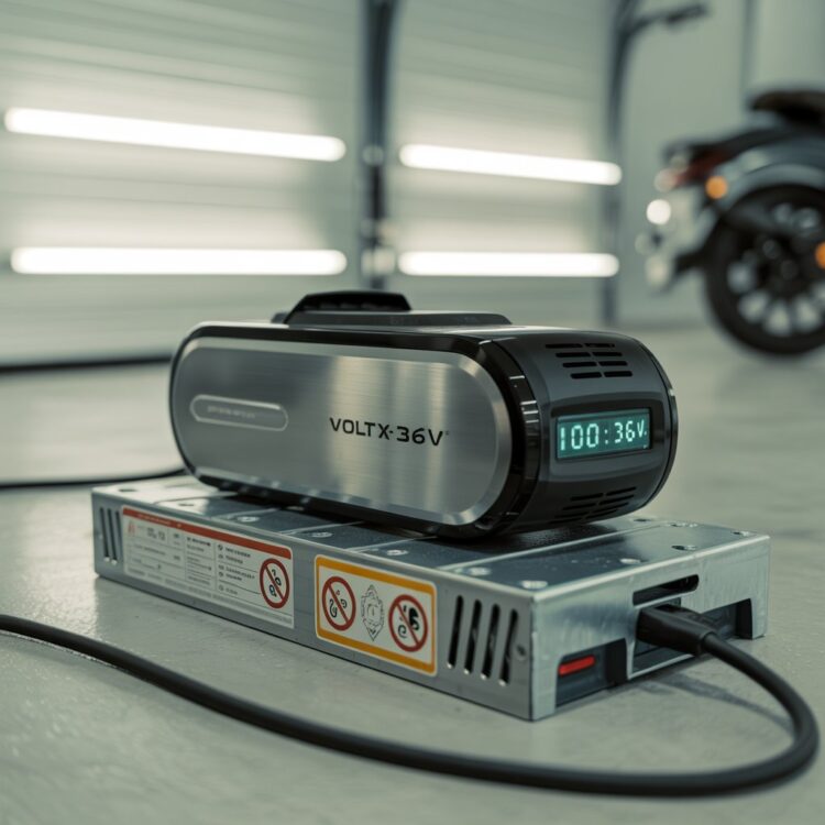 Rider takes a break during a mountainbike trail ride beside their parked electric scooter, preparing for a smart battery recharge.