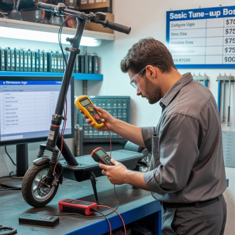 Technician performing local escooter repair with diagnostic tools and multimeter