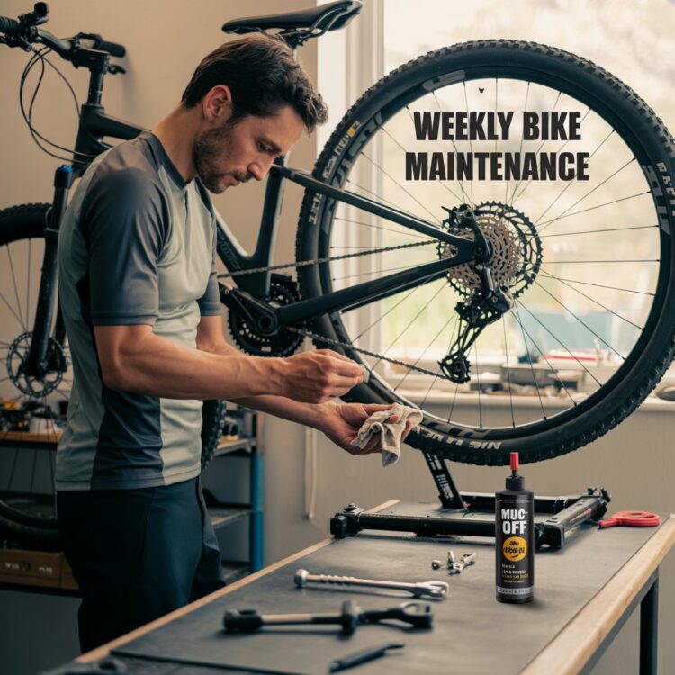 Rider performing regular mountain bike maintenance using proper tools