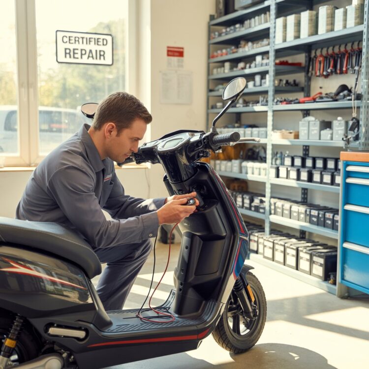 Technician fixing electric scooter in a trusted local repair shop — finding reliable escooter repair services nearby.