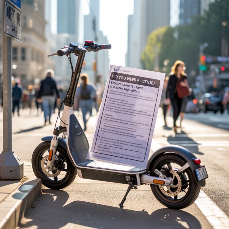 Three riders on different scooters showing legal scooter use: electric, 50cc moped, and 150cc motor scooter on a suburban street