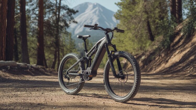 5000W eBike parked on a rocky mountain trail