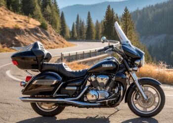 Side view of a 2005 Yamaha Star cruiser parked on a mountain road — perfect for a detailed Yamaha Star review.