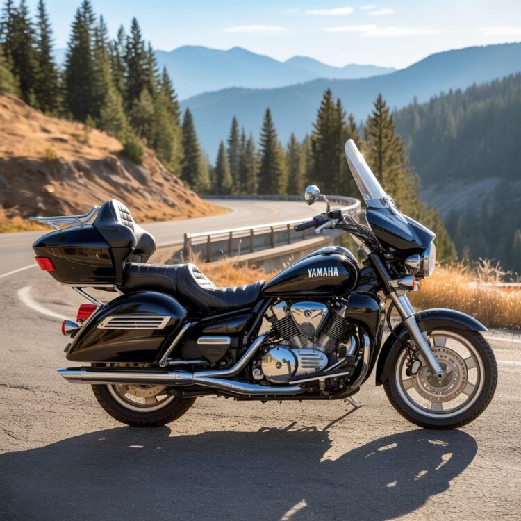 Side view of a 2005 Yamaha Star cruiser parked on a mountain road — perfect for a detailed Yamaha Star review.