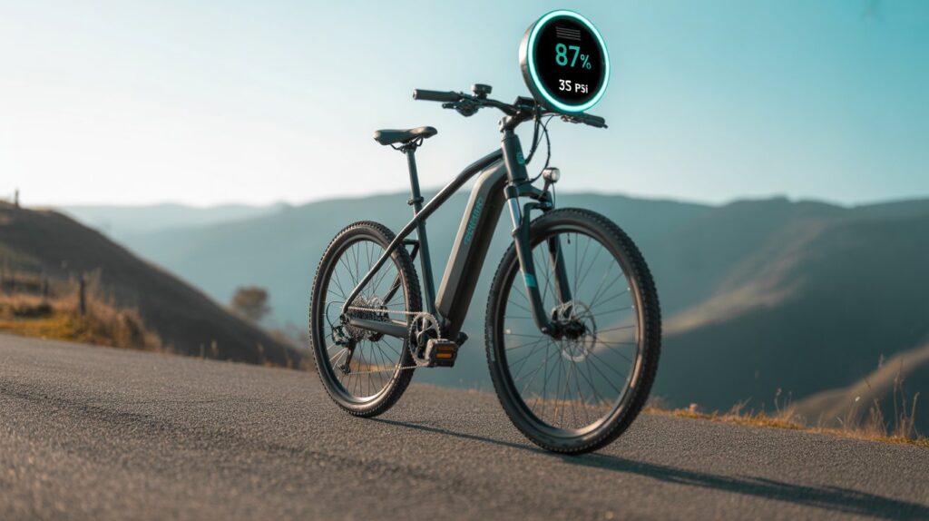Electric bicycle climbing a mountain trail with battery power drain displayed