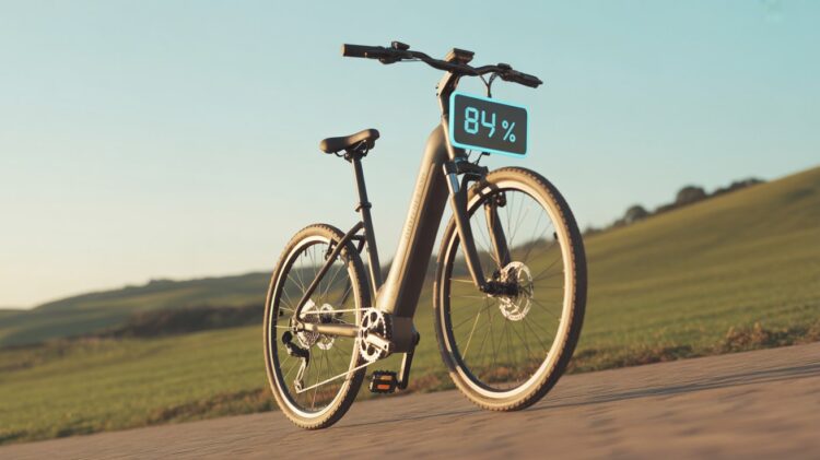 Realistic image showing an eBike battery performance indicator during a long-distance ride with scenic background