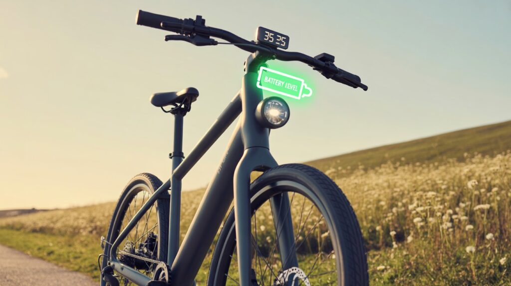 eBike on a snowy or frosty road with battery level lowered due to temperature