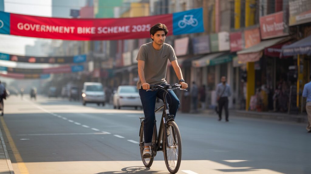Middle-class Pakistani man happily receiving his new electric bike from a Govt-approved dealer showroom.