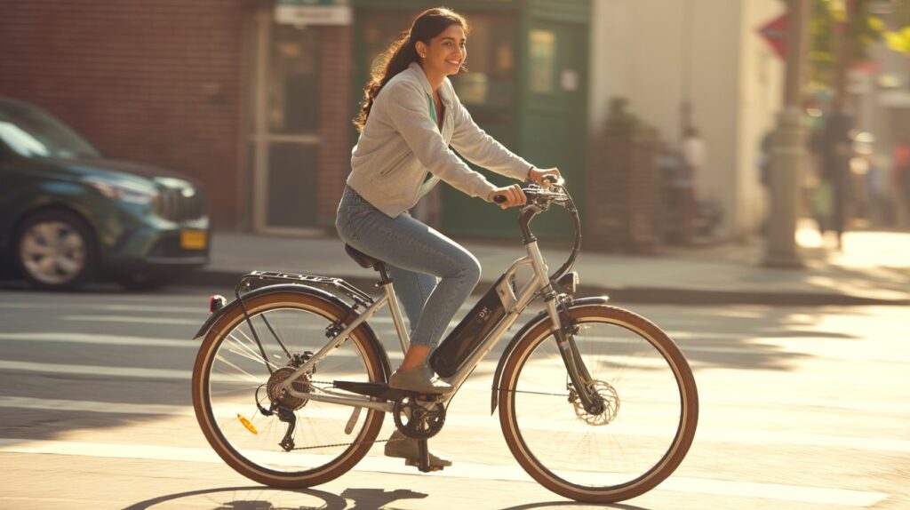 Woman securing her budget e-bike outside a local café.
