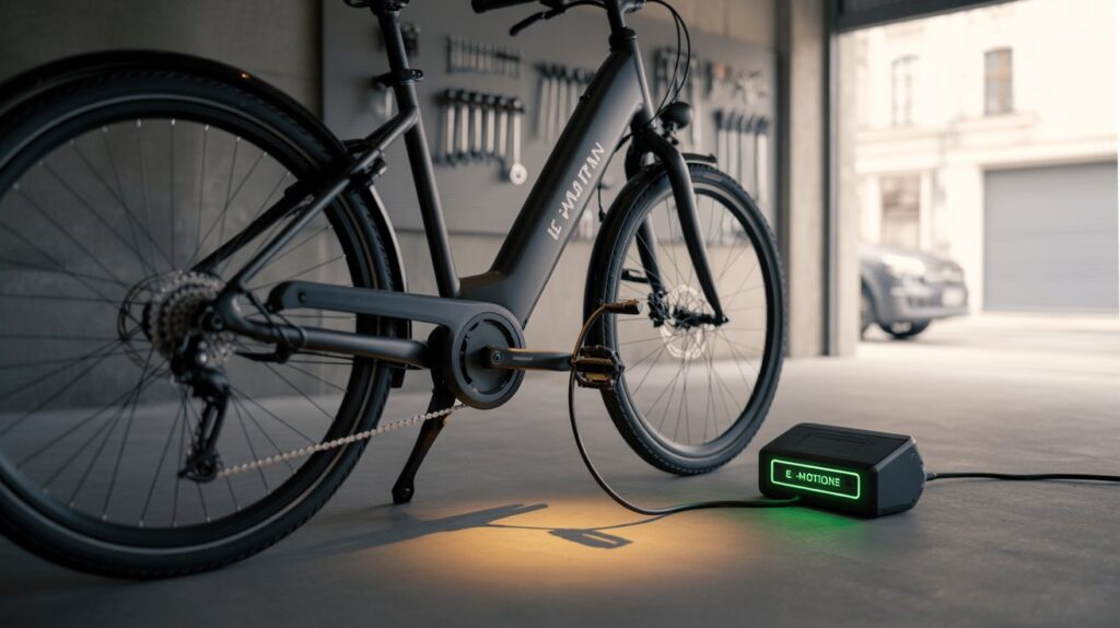 Various types of e-bike chargers laid out on a table