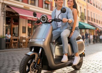 Modern 2-seater scooter with two riders