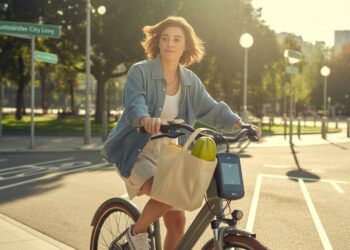 Young woman riding an electric bike through a green park