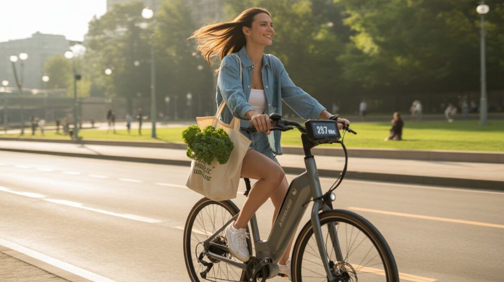 Electric bike parked under solar-powered charging station