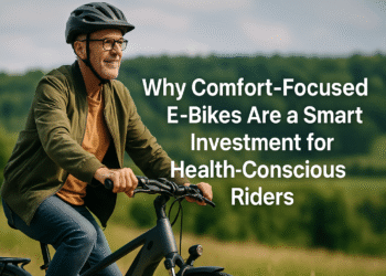 A middle-aged man riding a comfort-focused electric bike designed for back and joint pain relief, upright posture, wide padded seat, and suspension forks on an urban pathway.