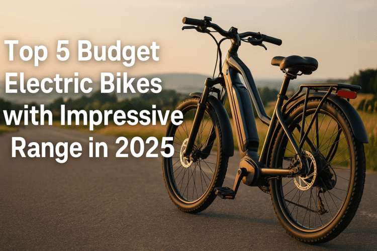 Affordable electric bikes with long battery range parked in an urban setting, ideal for 2025 daily commutes.