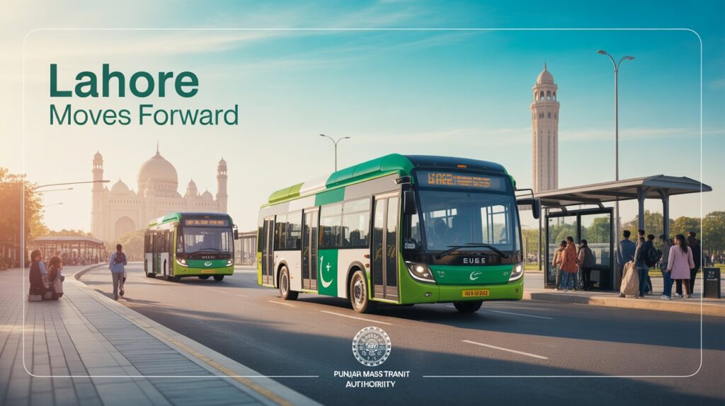 Green electric bus in Lahore with passengers boarding for PKR 20