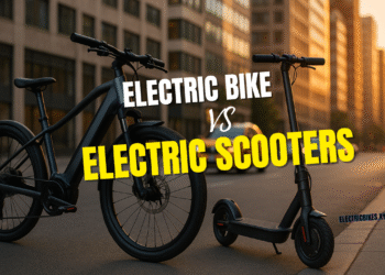 Electric bikes vs electric scooters parked on a city street during morning commute.