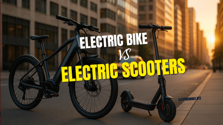 Electric bikes vs electric scooters parked on a city street during morning commute.