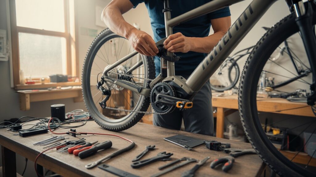 Side-by-side view of five popular e-bike conversion kits neatly arranged and labeled on a table, indoors in natural light.