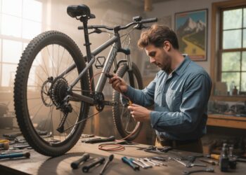 Cyclist installing an electric bike conversion kit on a mountain bike in a home garage, with tools scattered around.