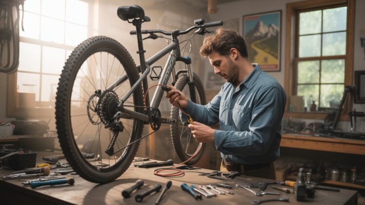 Cyclist installing an electric bike conversion kit on a mountain bike in a home garage, with tools scattered around.