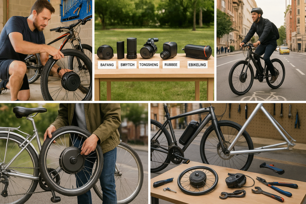 Person holding a rear-wheel e-bike conversion kit next to a classic city bicycle in an outdoor urban setting.