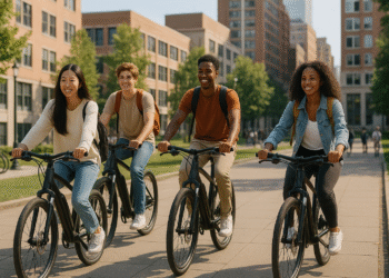 Diverse group of college students riding electric bikes across a sunny university campus, carrying backpacks, with bike racks and a cityscape in the background.