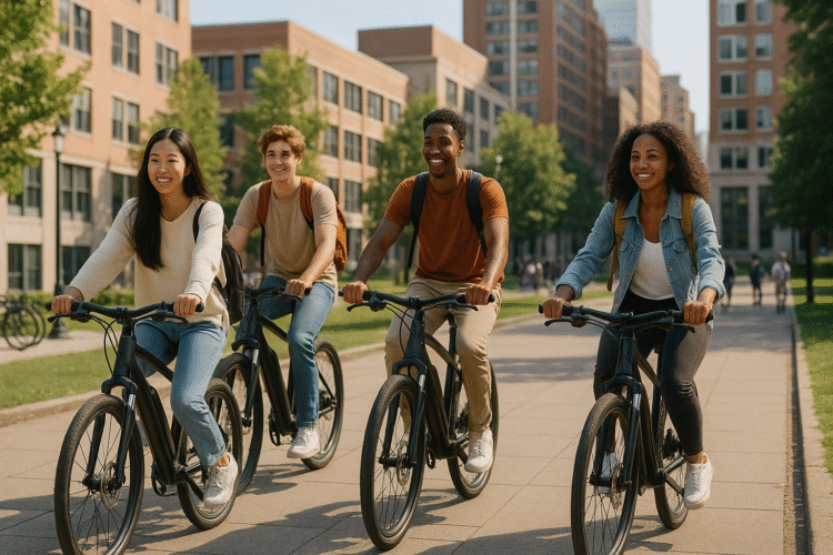 Diverse group of college students riding electric bikes across a sunny university campus, carrying backpacks, with bike racks and a cityscape in the background.