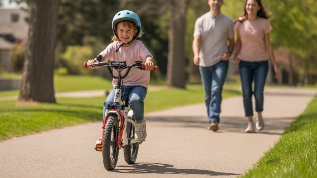 Close-up of a kids electric bike’s battery and motor