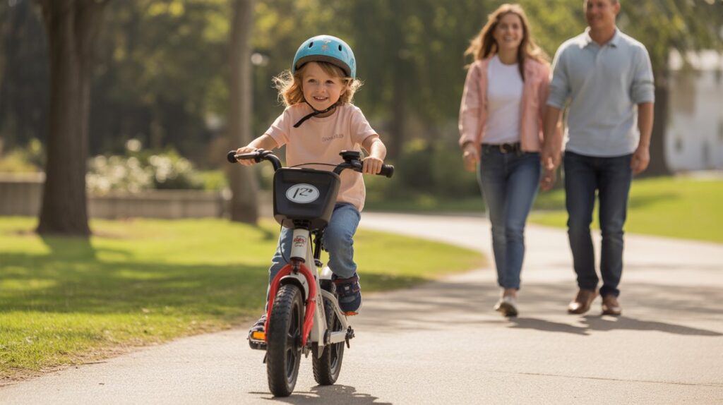 Parent helping child adjust helmet before electric bike ride