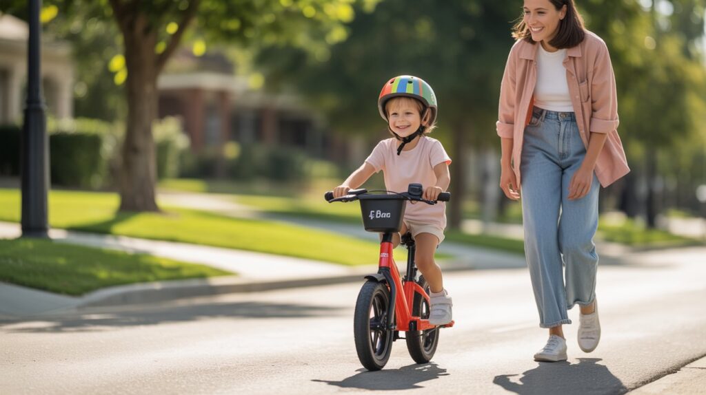 Parent helping child adjust seat height on their E-Bike.