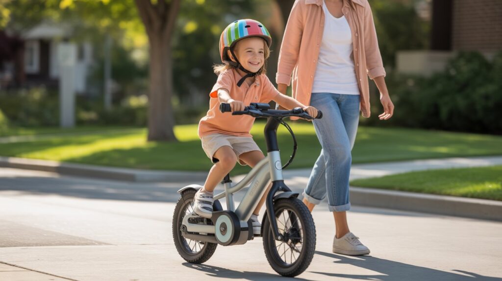 Smiling child on a small E-Bike riding with family outdoors.