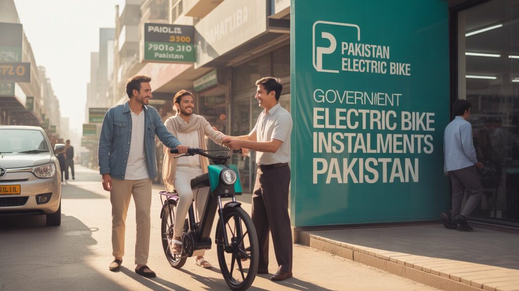 Middle-class mother dropping her kids to school on an electric bike financed through monthly installments.