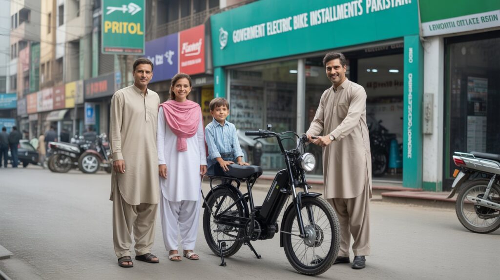 Pakistani family discussing electric bike installment plans at a Government-approved dealership.