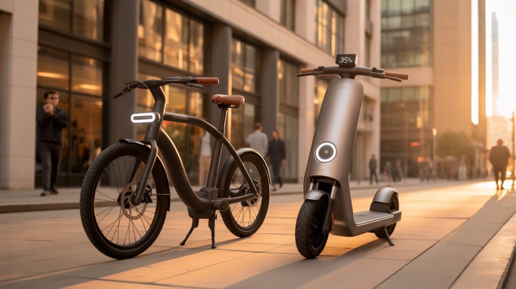 Top view of electric bikes vs electric scooters on a cycling lane in the UK.