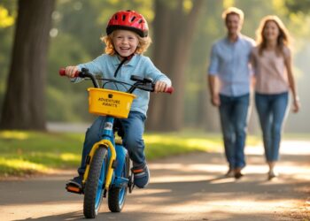 Smiling boy riding a colorful kids electric bike on a safe neighborhood street