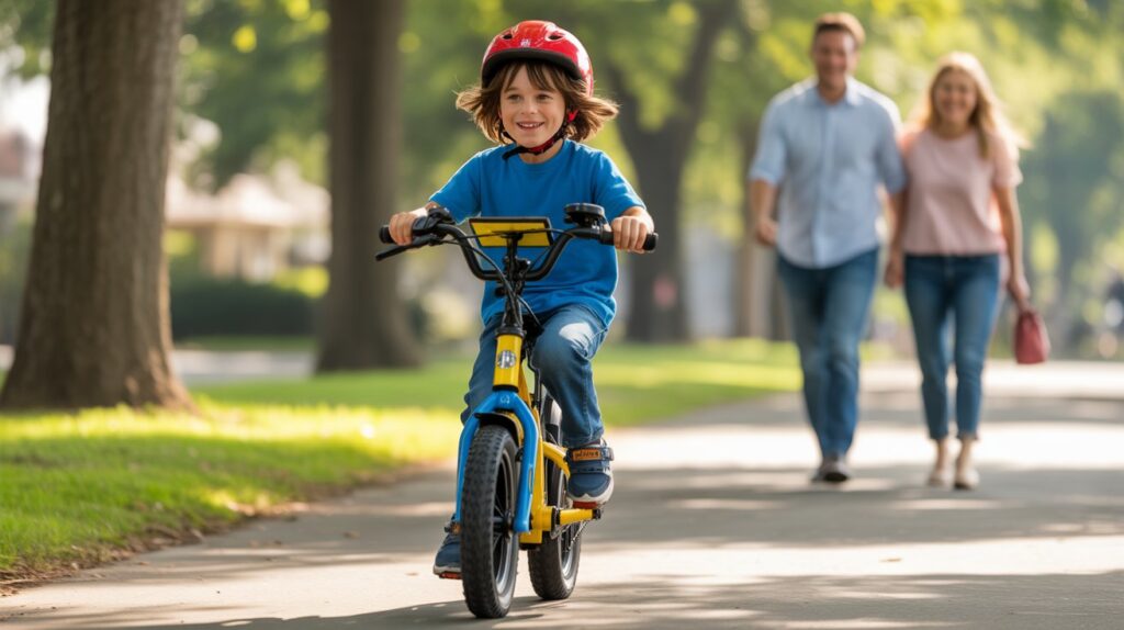 Two kids racing on electric bikes in a sunny park