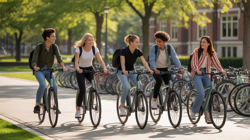 Young female student riding a compact foldable electric bike on a paved path between university buildings, smiling with a crossbody bag and casual clothes.