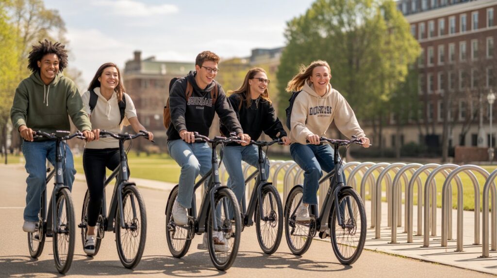Two college students chatting while standing next to their electric bikes near a university café, with books in hand and a relaxed campus vibe.